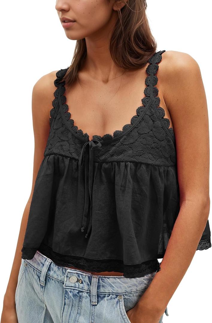 Gacaky Womens Summer Boho Lace Tank Top Casual Beach Vacation Y2k Tops Fashion Crop Tops Clothes 2025 (Medium, Black)
