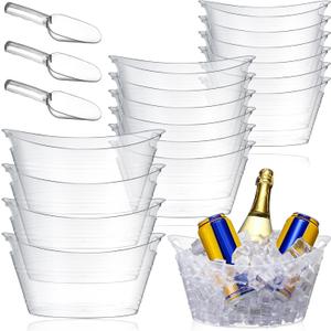 Geelin 12 Pcs Plastic Ice Bucket Ice Tub Clear Wine Champagne Wine Bucket Beer Drink Cooler Chiller Bin Parties Oval Storage Tub with 3 Scoops for Cocktail(Clear)
