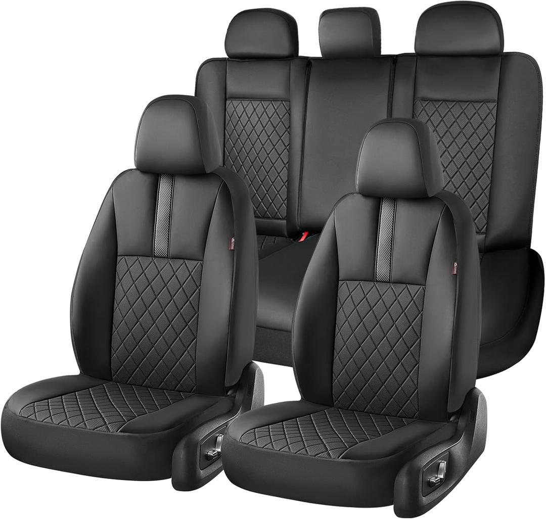 Coverado Car Seat Covers Full Set, Automotive Leather Seat Covers for Car Universal Fit Front Back Seat Cover, Non-Slip Waterproof Breathable Car Seat Protector (Black)