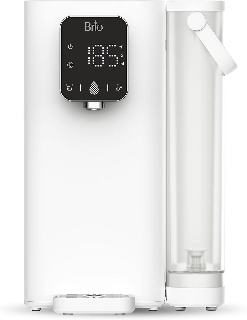 Brio SIMPL Countertop Water Dispenser, 3 Stage Water Filter & Adjustable Instant Hot Water | Easy Access Refillable 2.5L Tank | Tall 8.5" Dispense Height, LED Touch Controls, White