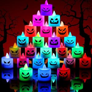 Coume 24 Pcs Halloween Flameless Votive Candles Color Changing LED Tealight Battery Operated Candles for Spooky Halloween Home Party Decorations 1.7 x 1.4 Inch, Battery Included (ABS)