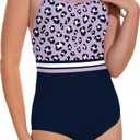 Beautikini Period Swimwear - One Piece Bathing Suit Menstrual Leakproof Swimsuit for Teen Girls and Women Purple Print Large