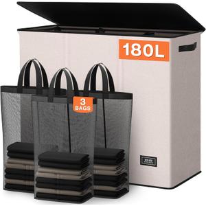 SOLEDI 180L 3-Section Laundry Hamper with Lid, Extra Large Dirty Clothes Basket with Sturdy Handles for Laundry Room & Bedroom - Durable Organizer for Sorting Laundry (Beige)
