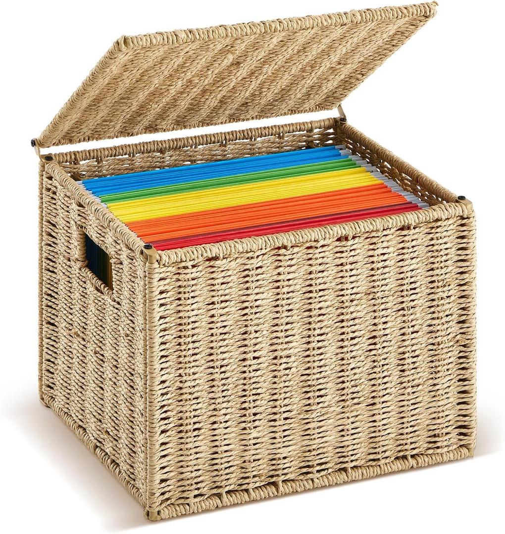 1 Pack Paper Rope File Box Organizers Collapsible Letter Size Filing Cabinet with Lid Woven Hanging File Basket Portable Decorative Document Storage Box for Office/Decor/Home (Letter Size)