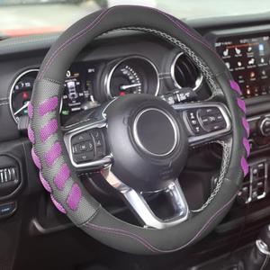 KAFEEK Car Steering Wheel Cover Breathable Leather, Anti-Slip Sporty, 3D Honeycomb Hole, Steering Wheel Accessories Men Women, Universal 15 inch, Black Purple