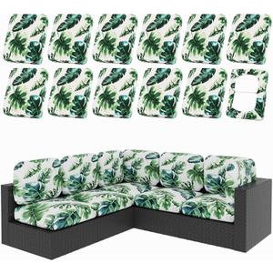 hyha 12Pcs Patio Cushion Covers, Stretch Outdoor Couch Cushion Covers, Washable Outdoor Chair/Sofa Slipcovers for Patio Furniture Cushions Protector with Elastic Bottom(Monstera Deliciosa,Cover Only)