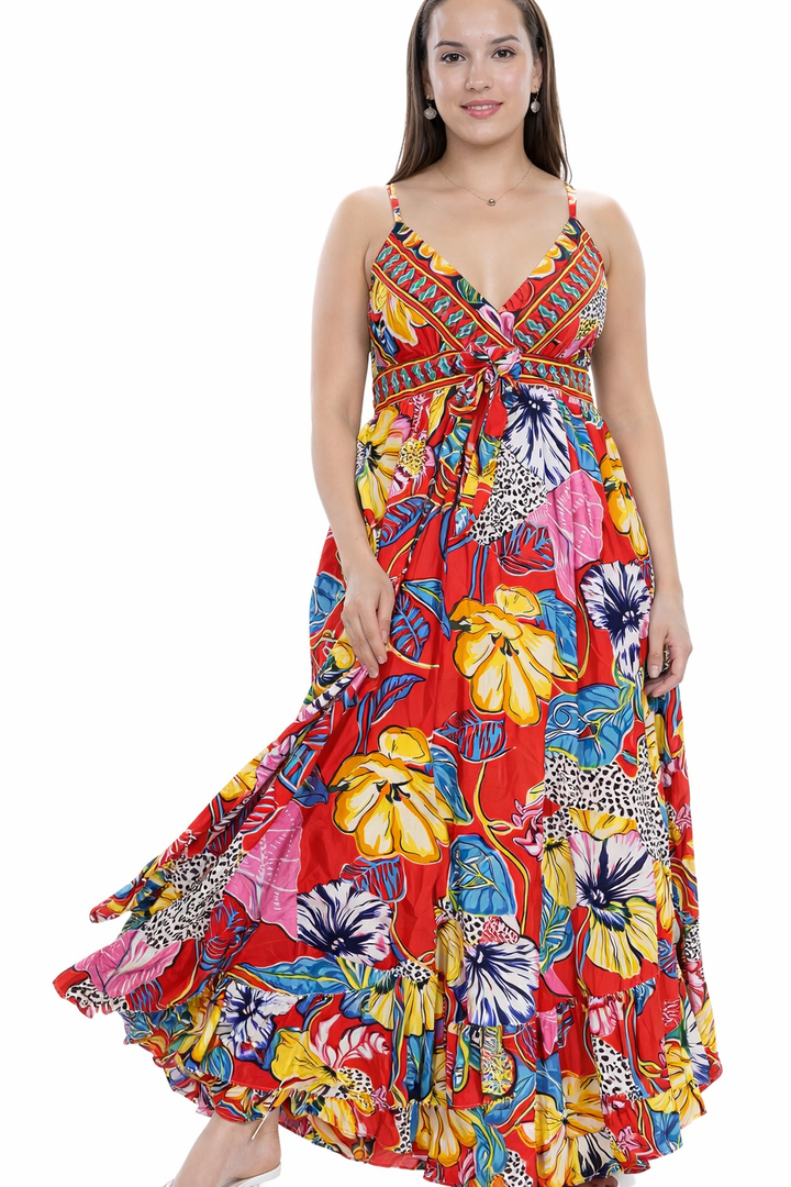 Women's Plus Size Summer Sundress 2025  Tropical Floral Silk Blend Beach Cover Up VNeck One Size Boho Vacation Resort Dress Red