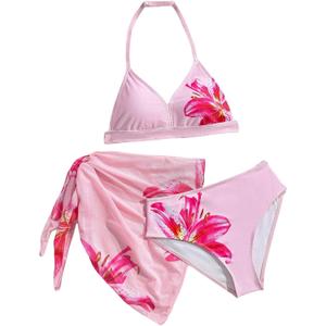 Girl's 3 Piece Floral Print Halter Triangle Bikini Set Cute Swimsuits with Cover Up Beach Skirt (Pink) 15 Y