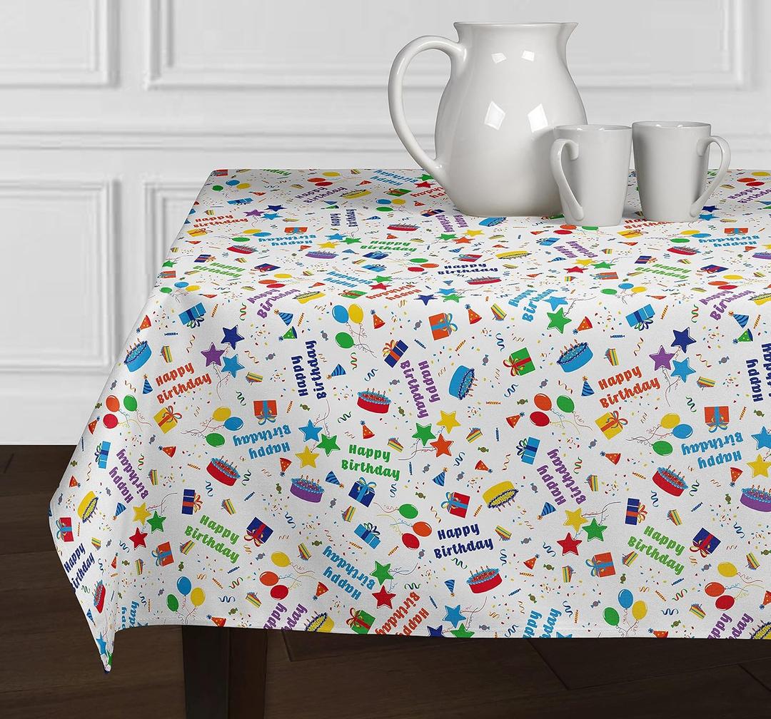 Happy Birthday Multicolor Tablecloth Cover TableTop Reusable Colorful Party Supplies Home Decorations Decor Dining Room Kitchen Fabric Overlay Pattern Linens Rectangle Oblong Table Cloth 54”x 84”