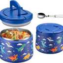 14oz Insulated Vacuum Food Jar with Buckle Lid,Soup Thermo for Hot Food Kids,Wide Mouth Leakproof Stainless Steel Lunch Container with SpoonDinosaur
