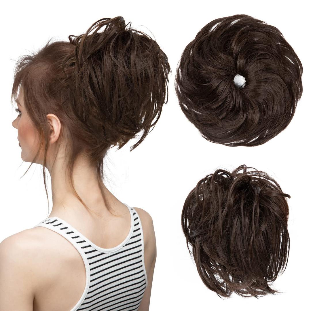 CJL HAIR Large Messy Bun Hair Piece Wavy Curly Scrunchies Synthetic Chignon Ponytail Hair Extensions Thick Updo Hairpieces for Women Dark Brown