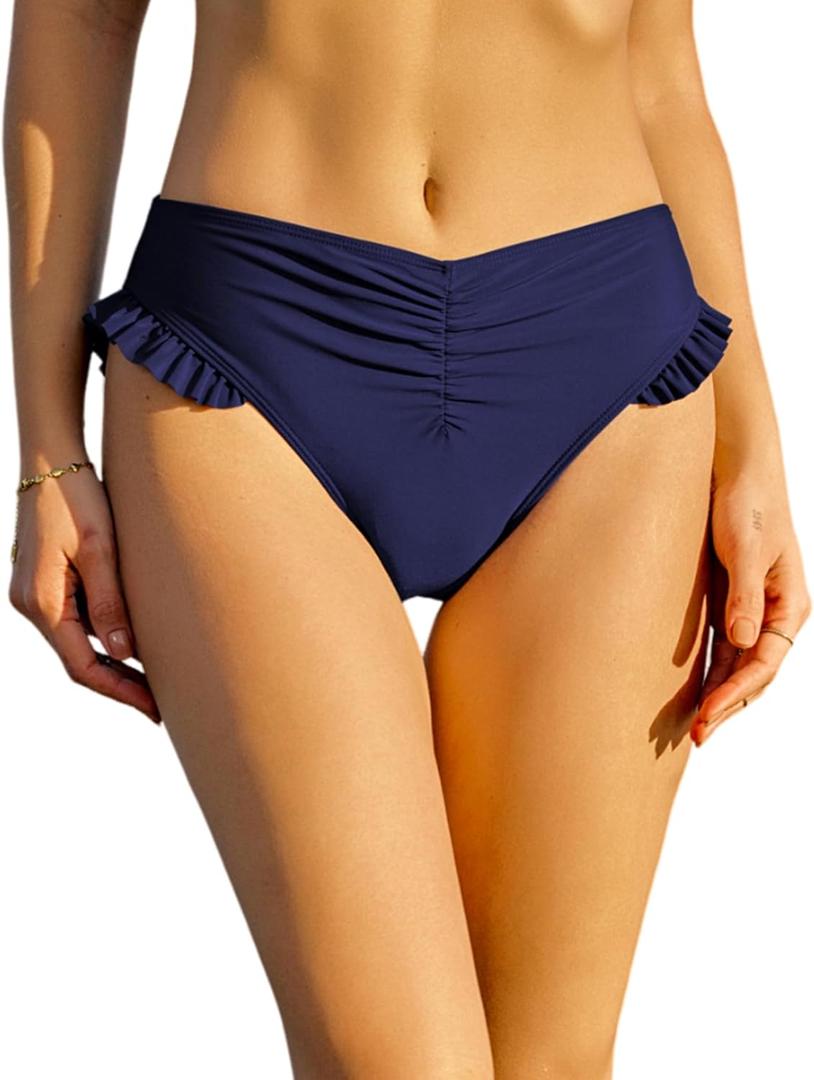 ZAFUL Women Ruffle Bikini Bottom Ruched Full Coverage Swim Briefs (XX-Large, 0-navy Blue)