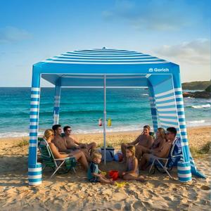 Gorich Beach Cabana with UPF50+ UV Protection, 8x8 FT/10x10 FT Beach Canopy Tent with Side Wall, Easy Setup, Windproof Portable Sun Shelter Shade for Family