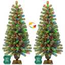2 Pack 4 Ft Artificial Potted Christmas Tree with 60 LED Lights,Warm White and Colored Changing,8 Lighting Mode&Timer,Mini Small Xmas Tree, Battery Operated,Outdoor Front Door Porch Home Decoration