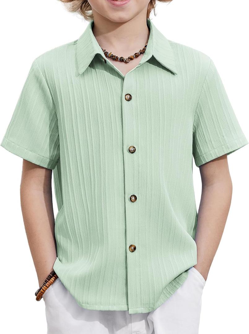 Arshiner Boys Casual Short Sleeve Button Down Shirt Fashion Textured Summer Beach Shirt  (6, Ice Green)