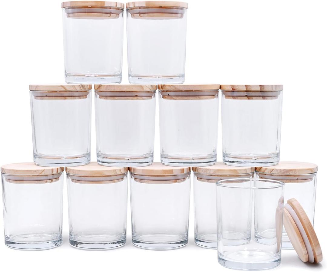 Thick Candle Jars for Making Candles 12 Pcs, 7 OZ Empty Jars with Wood Lids for Candle Making, Sample Container, Clear
