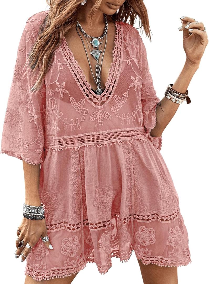 Eomenie Women's Contrast Lace Bathing Suit Cover Up V-Neck Swimsuit Coverups Loose Swimwear Beach Dress Beachwear (Pink). One size