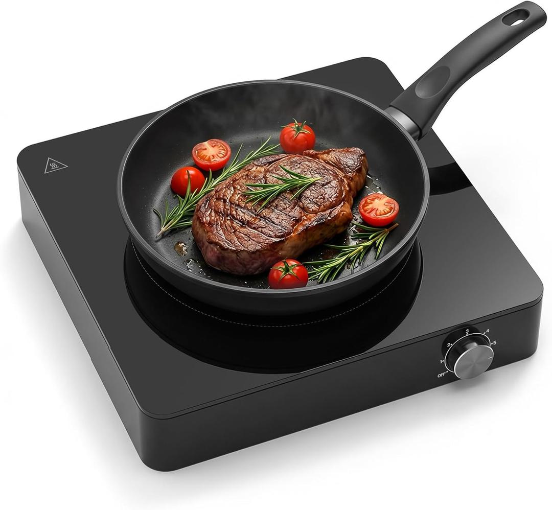 1200W Hot Plate: Portable Electric Burner with Boil-Dry Protection & 6 Heat Settings  Electric Stove Compact Cooktop for RV, Dorm, Office & Small Kitchens, Road-Ready & Safe (Black)