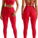 RXRXCOCO Ribbed Workout Sets for Women 2 Piece Backless Strappy Sports Bra Seamless Leggings Matching Set Yoga Outfits (Small, Red)