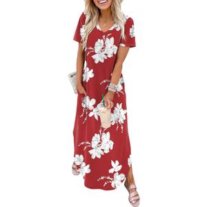 WIHOLL Women's Summer Short Sleeve Dresses Maxi Dress Vacation Beach Sundresses 2026 with Pockets (Red, XL)