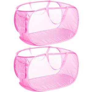 Durable Collapsible Laundry Baskets, Mesh Pop Up Laundry Hamper with Side Pocket, Foldable Clothes Hamper with Reinforced Carry Handles for Laundry, Bathroom, Kids Room, Dorm or Travel 2 Pack Pink