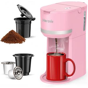 Horavie Mini Single Serve Coffee Maker for K-Cup Pod and Grounds, Fast Brew One Cup Coffee Machine with Descaling Reminder and Water Window, 6 to 12 oz. Brew Sizes, Pink