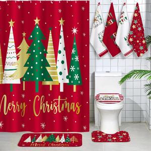 Honoson 8 Pcs Christmas Shower Curtain Set with Rugs and Kitchen Towels Farmhouse Christmas Tree Shower Curtain Bathroom Set for Farmhouse Country Summer Halloween Housewarming Gifts Decor