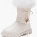 kkdom Girls Winter Snow Boots Warm Fur Boots Side Zipper Bowknot Pearl Princess Booties, Size 31