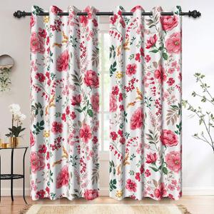 Renaiss Pink Rose Floral Curtains Red Peony Flowers Blackout Window Curtains for Bedroom Thermal Insulated Living Room Window Drapes 42W x 84L Inches 2 Panel Set, Grommet Top