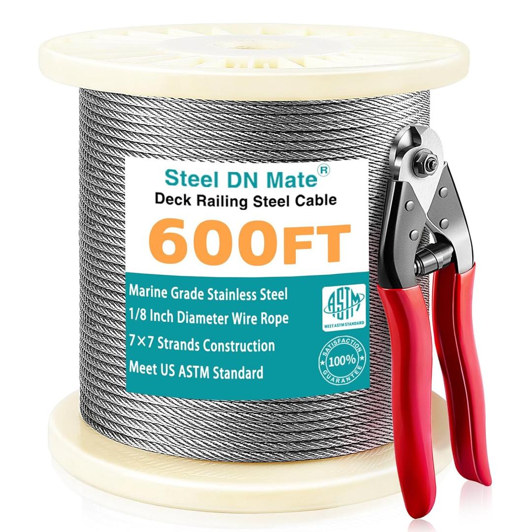 Stainless Steel Cable for Railing DIY, 600FT 1/8" Wire Rope Railing Cable, 1800lb Breaking Strength, Steel Wire with Cutter DS06