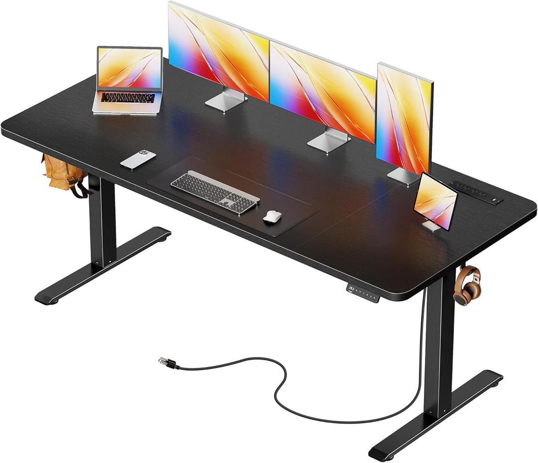 Huuger 63 X 24 Inch Electric Standing Desk with Power Outlets and USB-C Port, Height Adjustable Desk, Sit Stand Desk for Home Office, Computer & Gaming Desk with 4 Presets, Stable Steel Frame, Black, 63 x 23.6 inch