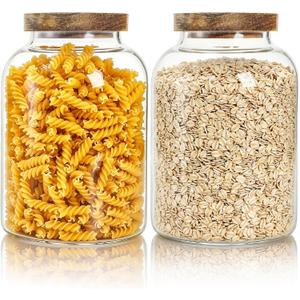 Bekith 2 Pack Large Glass Food Storage Jar with Airtight Wooden Lid, 66 FL OZ(1950ml) Glass Food Canister for Kitchen and Pantry Organization, Storage Containers for Coffee, Rice, Sugar, Flour