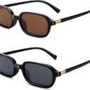 NULOOQ Retro Rectangular Sunglasses for Women, 90s Trendy Small Narrow Square Frame Sun Glasses (A1* (Black Frame/Brown Lens + Black Frame/Gray Lens) - 2 Pack)