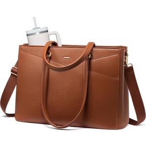 LOVEVOOK Laptop Tote Bag for Women 15.6 Inch Leather Work Bags with Large Cup Holder for Teacher Work Business,Brown