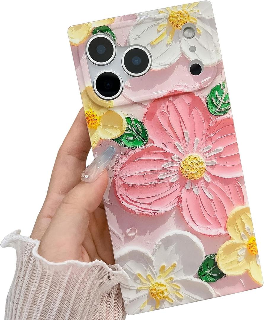 KERZZIL Elegent Girly 3D Flower Compatible with iPhone Rectangle Edge Case, Cute Floral Pattern Slim Soft TPU Protective Bumper Cases Cover(Pink,17 Pro)