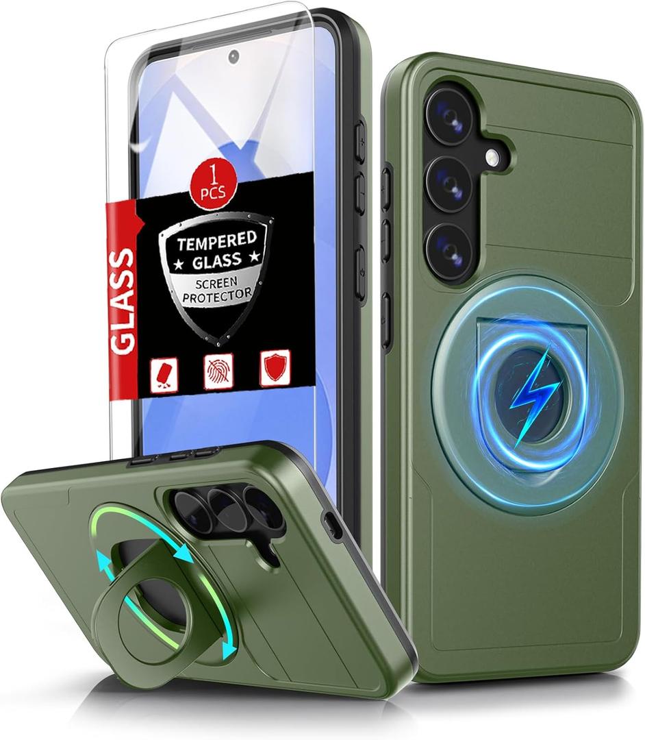 for Samsung Galaxy S25 Plus Case Magnetic Compatible with MagSafe Wireless Charging,with Screen Protector,for S25+Plus Case with Stand Ring Anti-Scratch Shockproof Heavy Duty Protection Green