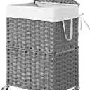 Chrislley 90L Slim Laundry Hamper with Wheels, Wicker Rolling Laundry Basket with Lid and Renovable Liner Bag, Handwoven Rattan Organizer for bedroom, bathroom, laundry room (Grey)