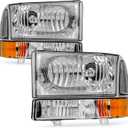 Headlights Assembly for 1999-2004 Ford Super Duty F250 F350 F450 F550 | 2000-2004 Ford Excursion with Corner Bumper Set Chrome Housing Amber Reflector Replacement Pair
