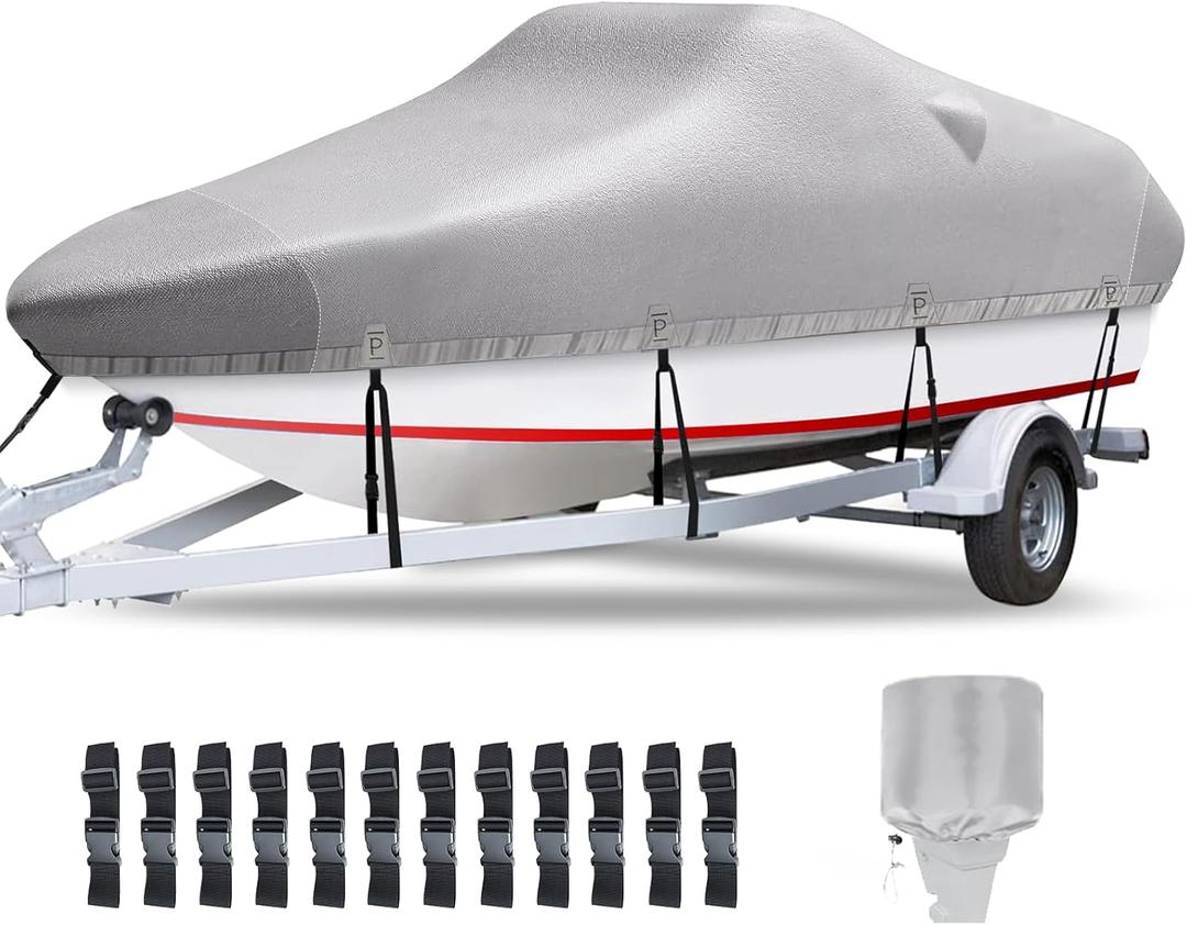Boat Covers 17-19ft, Heavy Duty 1200D Oxford Waterproof Trailerable Boat Cover, UV Resistant Bass Boat Covers with Motor Cover, Fits V-Hull Tri-Hull Fish&Ski Boat, Runabout (Gray)