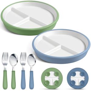 2 Pack 8" Large Porcelain Toddler Plates Feeding Set, Ceramic Kids Suction Plates with Anti Slip Silicone Sleeve for Baby 3 Spoons and Forks Divided Kids (Blue,Green)