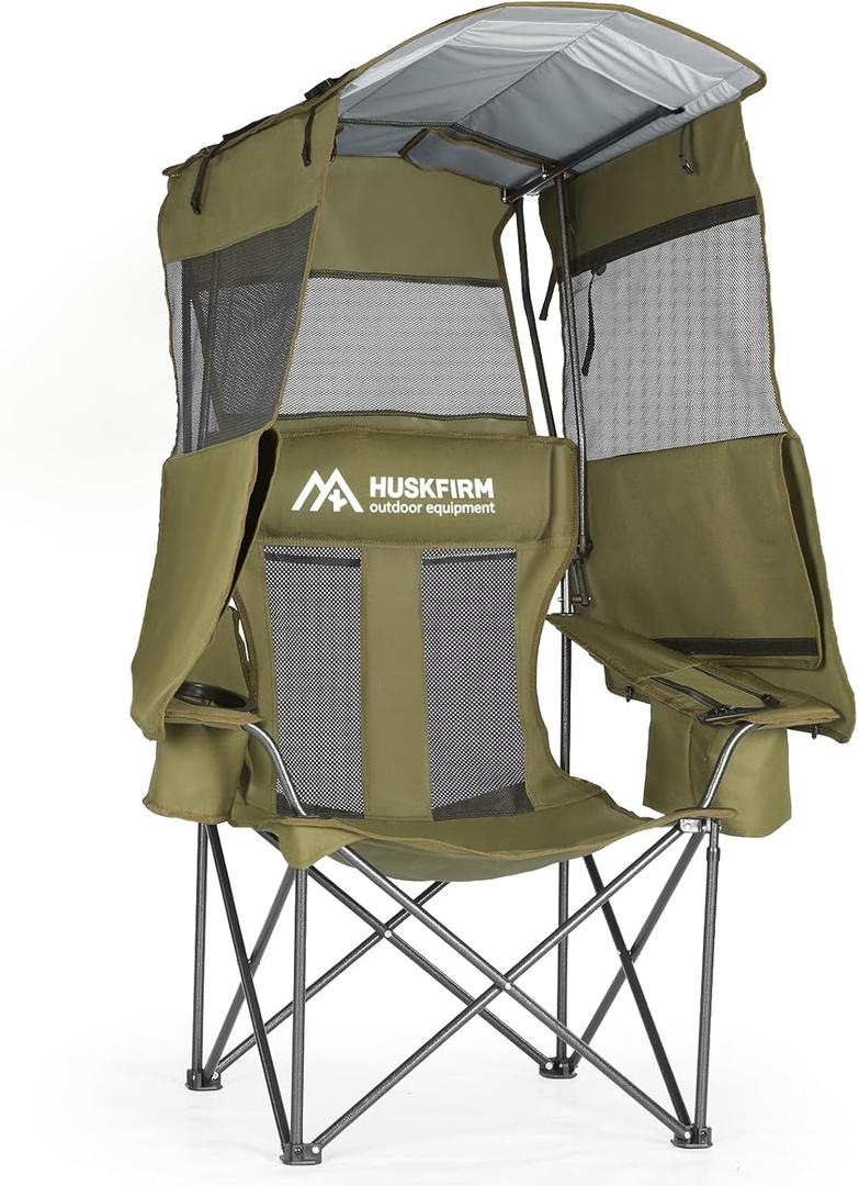 Huskfirm Camping Chair with Canopy Shade - Folding Beach Chair with UPF 50+ Sun Shade, Cup Holder, Side Pocket, Portable Sports Chair for Adults Support 330 LBS, Fishing Camp Outdoor Lawn Chair Green