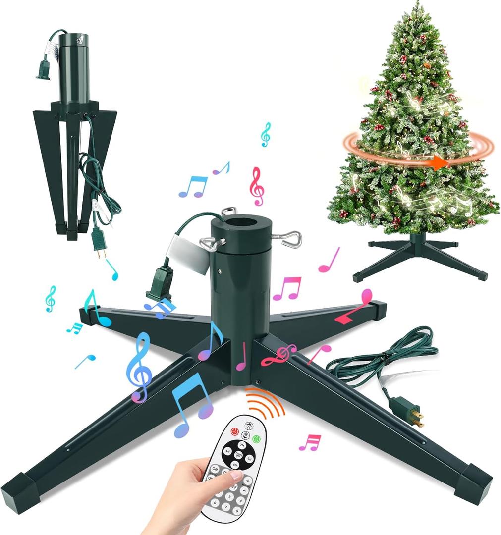 Musical Rotating Christmas Tree Stand, Adjustable Christmas Tree Stands with Remote Control Music, Speed and Light, Artificial Christmas Tree Stand for Up to 8 FT 100 LB Tree