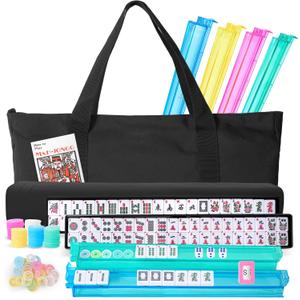 Mahjong Tile Set with 166 White Mahjong Tiles - American Mahjong Game Tile Set, 4 All-in-One Racks with Pushers, Includes Carrying Bag - Mahjong Cards 2025