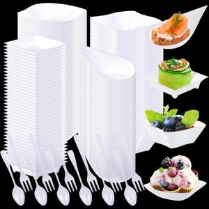 Tessco 800 Pcs Mini Appetizer Plates Set Including 400 Disposable Dessert Plates Assorted Shape 200 Mini Plastic Forks 200 Plastic Spoons for Party(White,Classic)