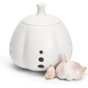 UHEY HOME Garlic Keeper for Counter, Ceramic Storage Pod with Lid Large Garlic Saver for Kitchen to Keep Your Cloves Fresh Longer, White