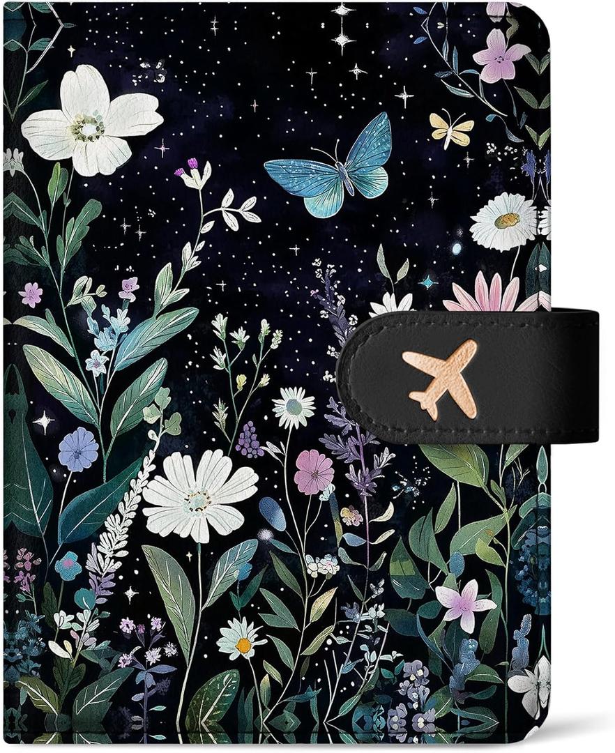 Passport Holder for Travel Essentials, RFID Blocking Leather Cover Wallet with Magnetic Closure, Aesthetic & Cute Passport Book Case for Women and Men - Starry Garden