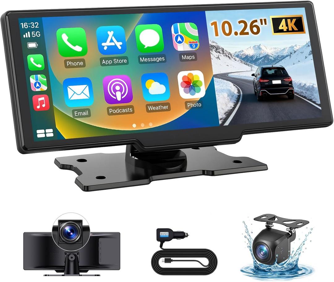10.26" Wireless CarPlay Screen for Car: 4K Dash Cam & 1080P Backup Camera, Portable Touchscreen Car Stereo for Apple Carplay & Android Auto, GPS Navigation, Mirror Link, BT, FM, Voice Control