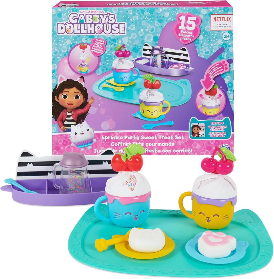 Gabbys Dollhouse, Sprinkle Party Sweet Treat Set, Pretend Play Kitchen Hot Cocoa Party Set with Fruit & Sprinkles, Kids Toys for Girls and Boys 3+