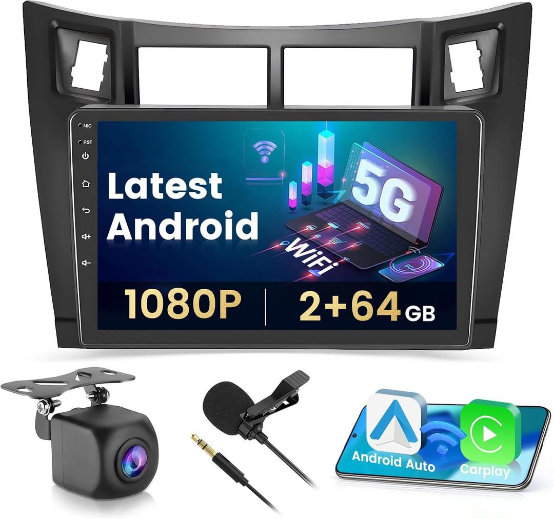 Hikiy [2+64G] Android 15 Car Stereo for Toyota Yaris 2006-2011 with Wireless CarPlay Android Auto, 9'' Touch Screen Car Radio GPS Mirror Link WiFi Backup Cam Bluetooth SWC FM/RDS