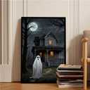 XWNLTEPK Halloween Canvas Wall Art Spooky Ghost Figure Haunted House Poster Moonlit Trees Foreboding Silhouette Wall Print Dark Gray Black Decor Living Room Bedroom (8x12in Black Framed, A05)
